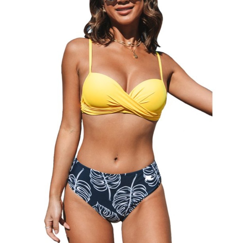 Yellow twist-front and palm print high waisted bikini